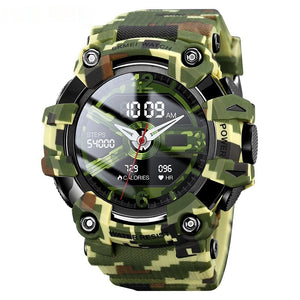 Camouflage smartwatch with digital display on a white background