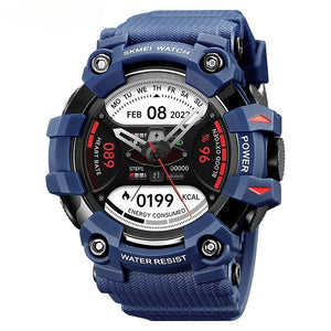 Blue digital smartwatch with various fitness and health metrics on a white background