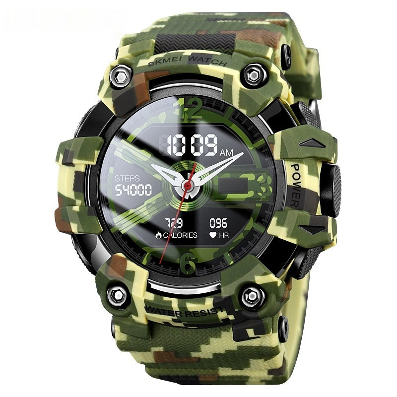 Camouflage smartwatch with digital display on a white background