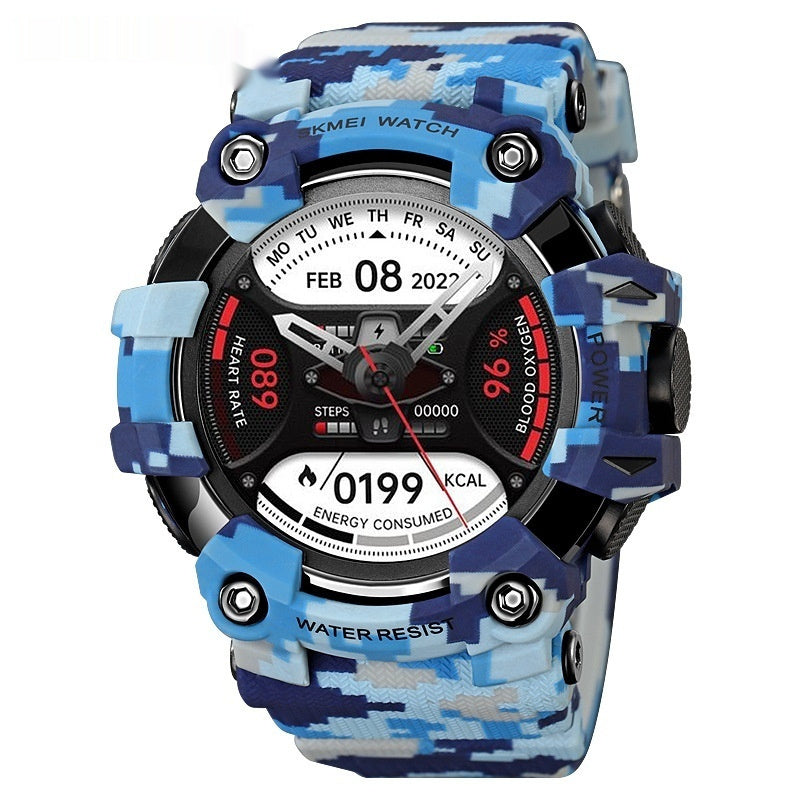 Blue camouflage smartwatch with detailed display on a white background
