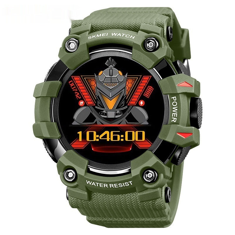 Green digital watch with a detailed display on a white background